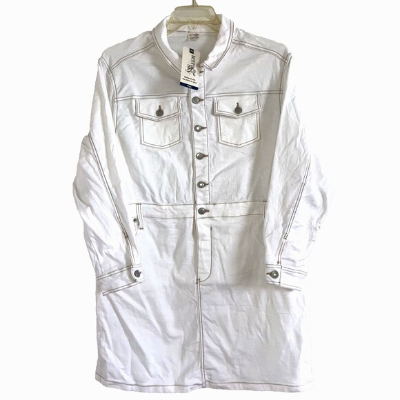 TERRA & SKY 1X White 98% Cotton Denim Utility Jeans Overalls Jumper Dress Plus - Picture 1 of 3